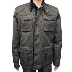Guess Gunner Jacket Military Style Pea Coat Quilted Lined Gray Herringbone Men L